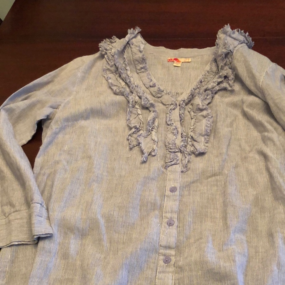 Forever 21 top M blue stripe ruffle adjust sleeves